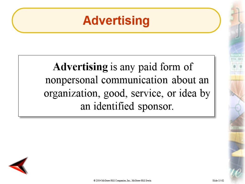 Slide 15-82 Advertising is any paid form of nonpersonal communication about an organization, good,